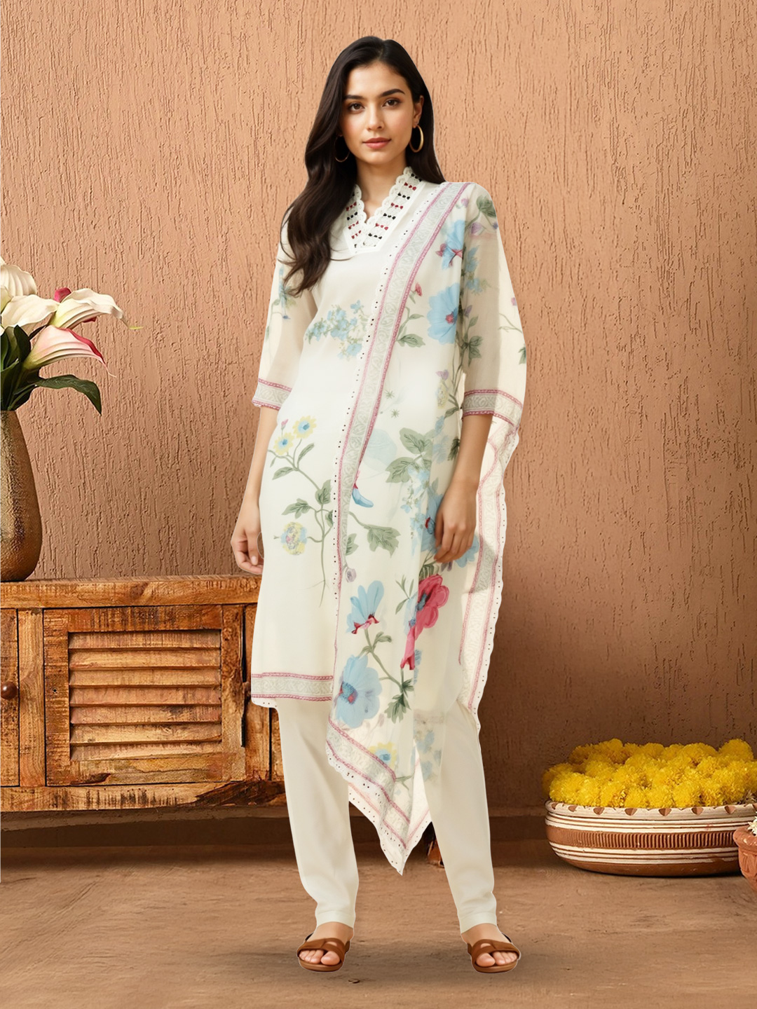 Picture of Ethnic Floral Printed  V-Neck Kurta with Pant & Dupatta Set